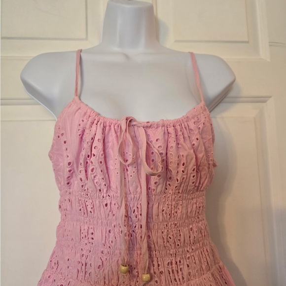 Melloday Womans Pink Eyelet Maxi Dress Size Small NWT Spaghetti Straps Tie Front - Picture 2 of 9